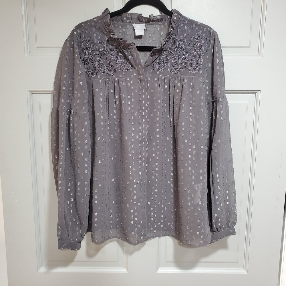 Chicos Women Blouse Large Gray Lightweight Embroidered Metallic Sequin Sheer‎